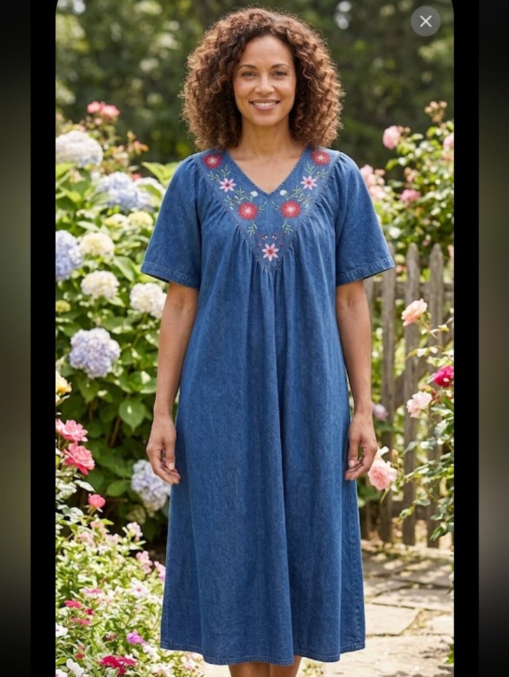 The Country Store Dress Medium Embroidered Cottagecore Denim Midi Dress